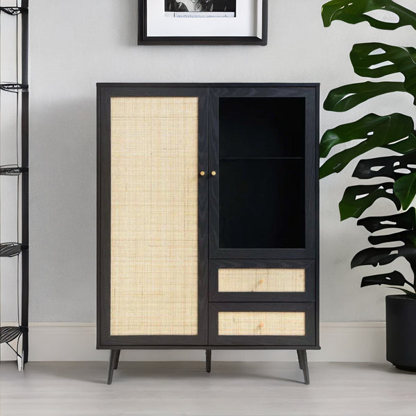 Classic Black Solid Wood Rattan Display Cabinet
