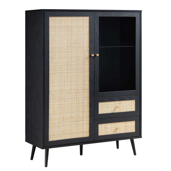 Classic Black Solid Wood Rattan Display Cabinet