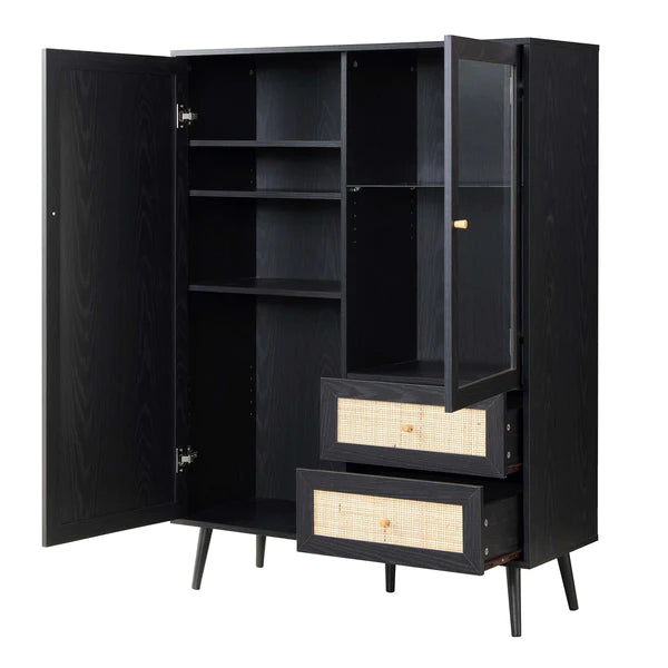 Classic Black Solid Wood Rattan Display Cabinet