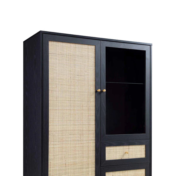 Classic Black Solid Wood Rattan Display Cabinet