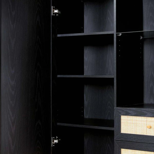 Classic Black Solid Wood Rattan Display Cabinet
