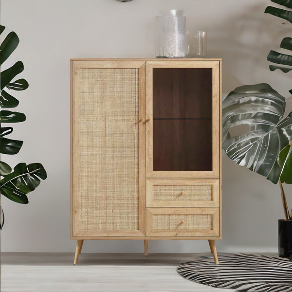 Classic Natural Solid Wood Rattan Display Cabinet