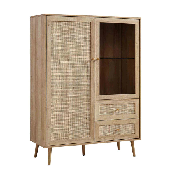 Classic Natural Solid Wood Rattan Display Cabinet