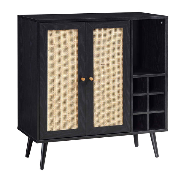 Classy Black Solid Wood Rattan Bar Cabinet