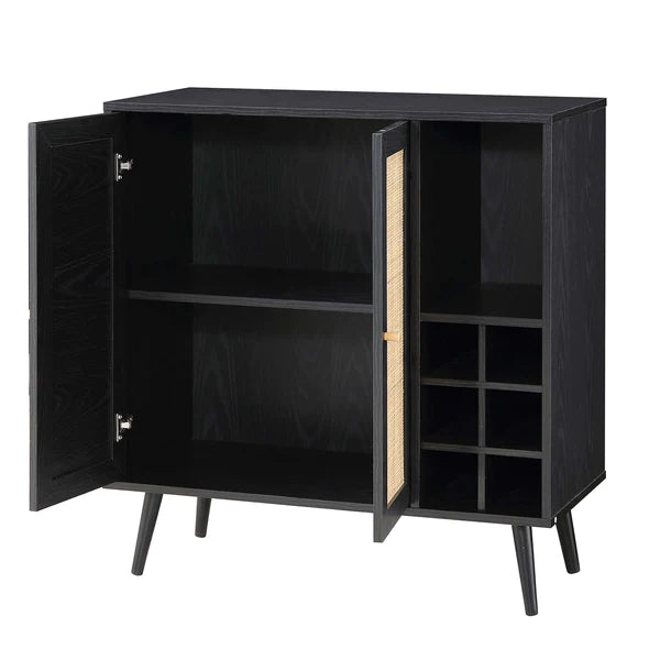 Classy Black Solid Wood Rattan Bar Cabinet