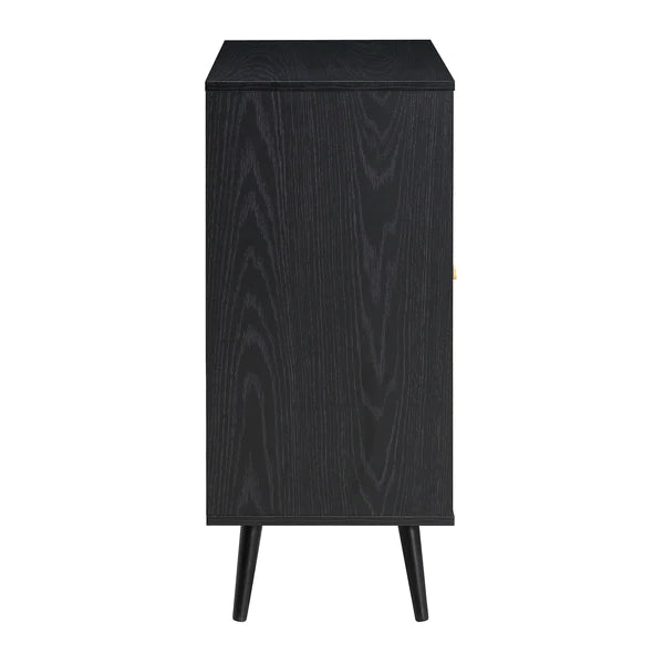 Classy Black Solid Wood Rattan Bar Cabinet