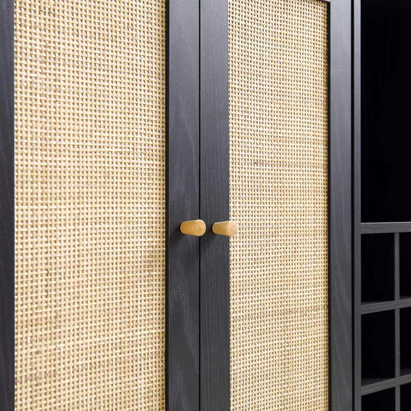 Classy Black Solid Wood Rattan Bar Cabinet