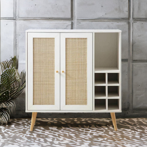 Classy White Solid Wood Rattan Bar Cabinet