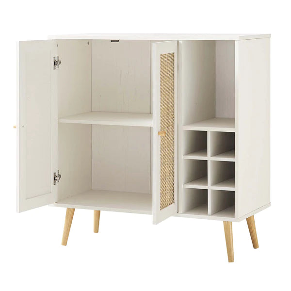 Classy White Solid Wood Rattan Bar Cabinet