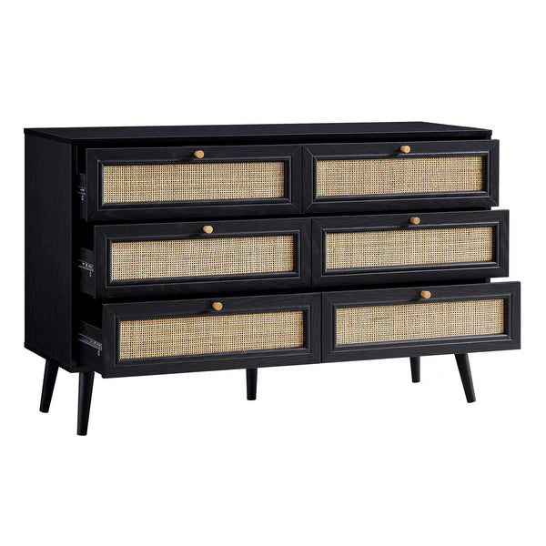 Modern Solid Wood Rattan Black Finish Chest Of 6 Drawers