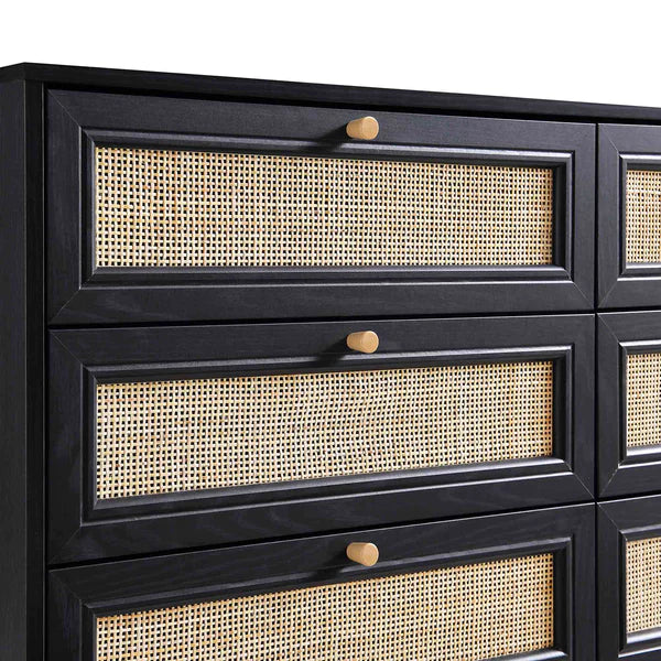 Modern Solid Wood Rattan Black Finish Chest Of 6 Drawers