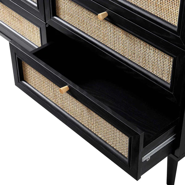 Modern Solid Wood Rattan Black Finish Chest Of 6 Drawers