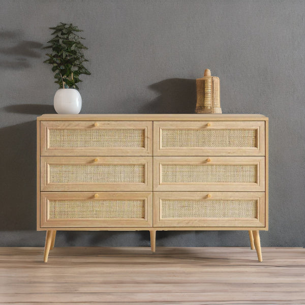 Modern Solid Wood Rattan Natural Finish Chest Of 6 Drawers