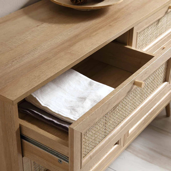 Modern Solid Wood Rattan Natural Finish Chest Of 6 Drawers