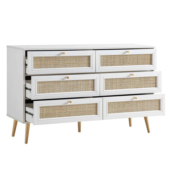Modern Solid Wood Rattan White Finish Chest Of 6 Drawers