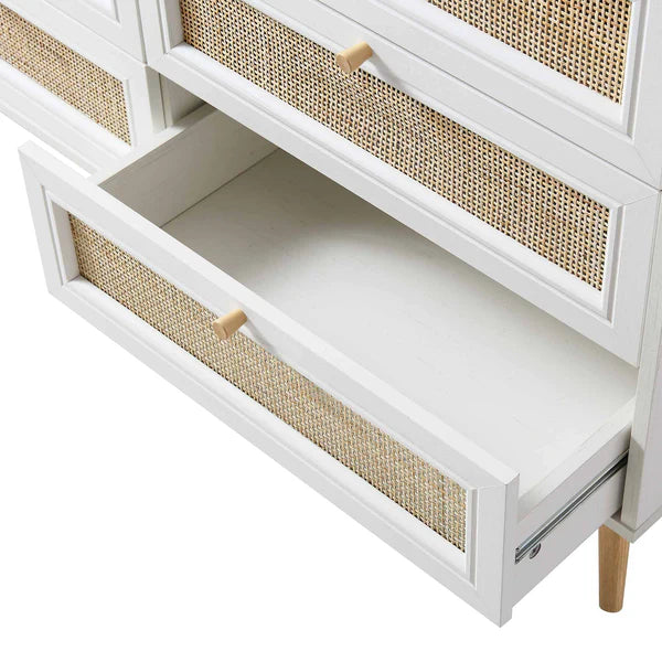 Modern Solid Wood Rattan White Finish Chest Of 6 Drawers