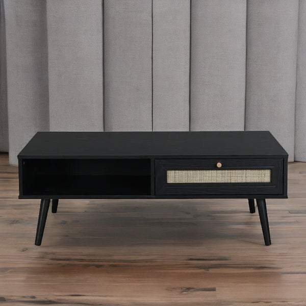 Black Solid Wood Rattan Coffee Table
