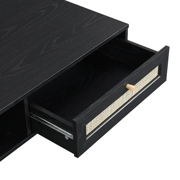 Black Solid Wood Rattan Coffee Table