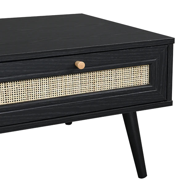 Black Solid Wood Rattan Coffee Table