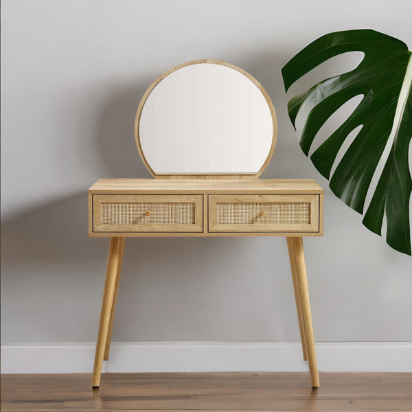 Solid Wood Rattan Natural Finish Dressing Table With Mirror