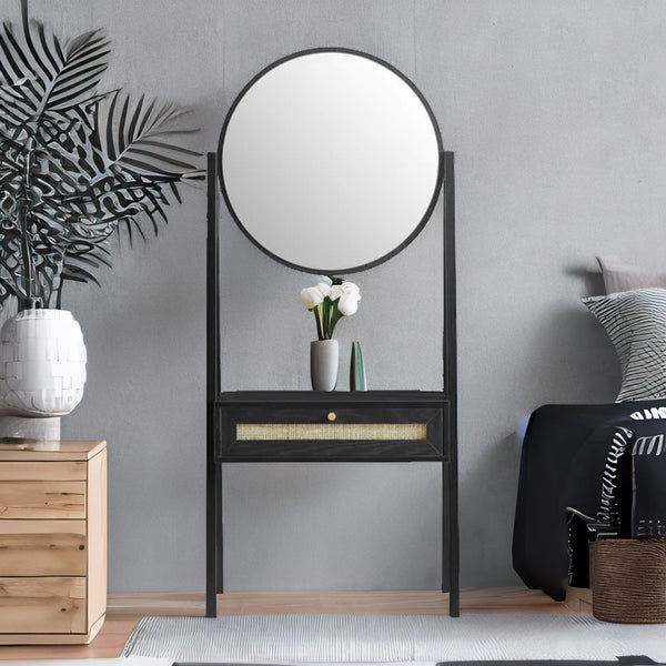 Solid Wood Rattan Black Finish Dressing Table With Mirror