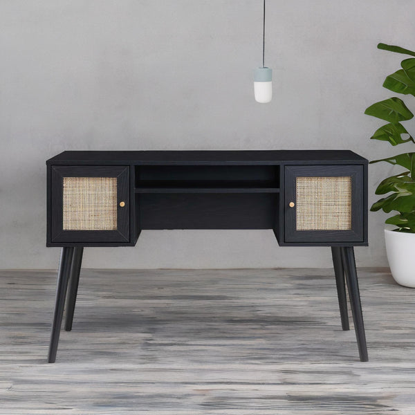 Solid Wood Rattan 2- Door Desk Black Finish