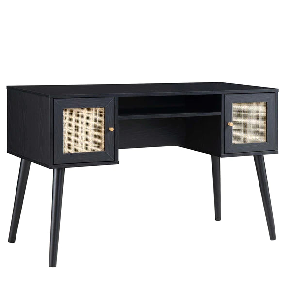 Solid Wood Rattan 2- Door Desk Black Finish