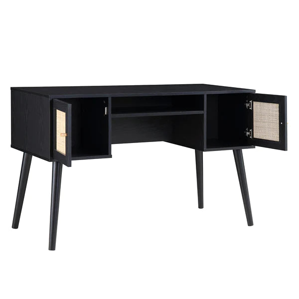 Solid Wood Rattan 2- Door Desk Black Finish