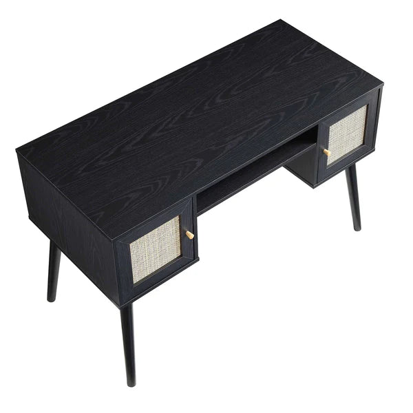 Solid Wood Rattan 2- Door Desk Black Finish