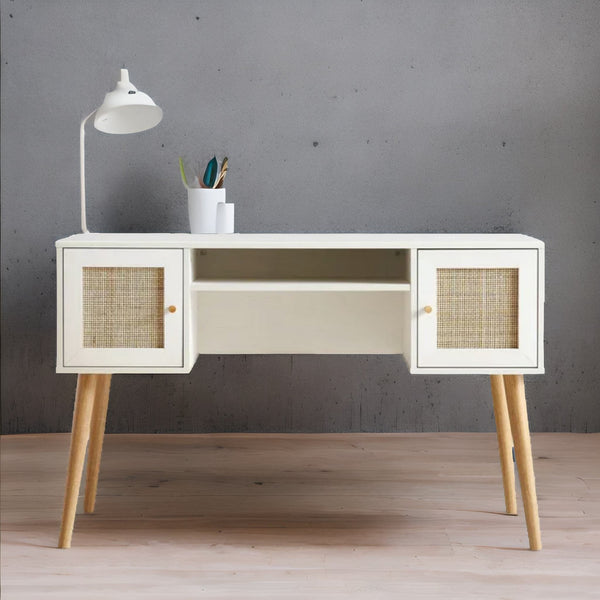 Solid Wood Rattan 2- Door Desk White Finish