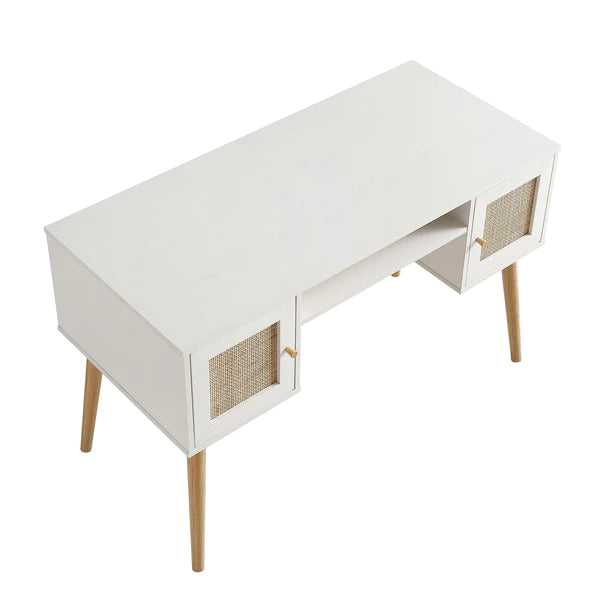 Solid Wood Rattan 2- Door Desk White Finish