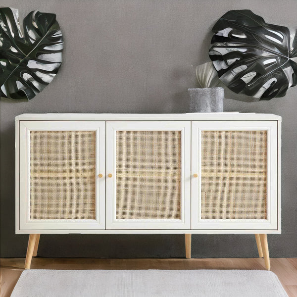 Modern Rattan Solid Wood White Finish Sideboard