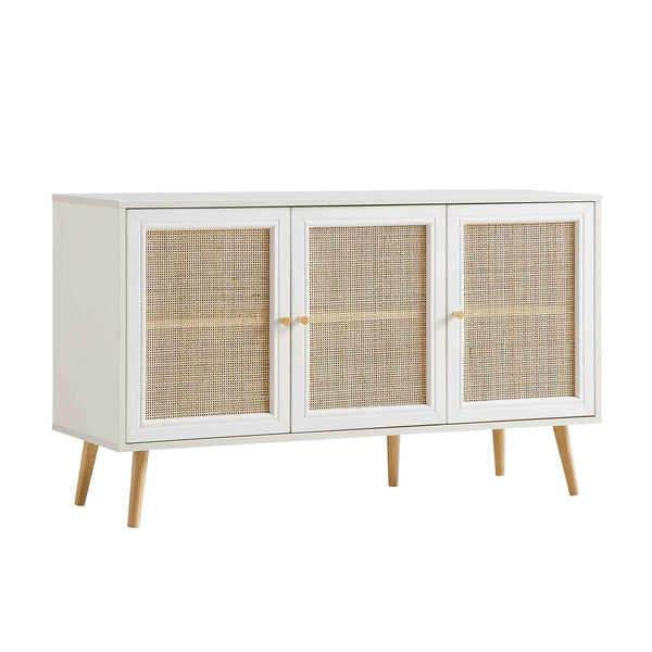 Modern Rattan Solid Wood White Finish Sideboard