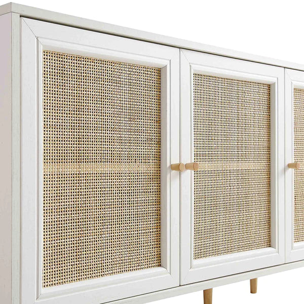 Modern Rattan Solid Wood White Finish Sideboard