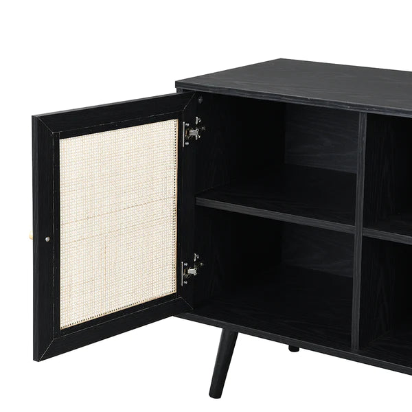 Classic Black Solid Wood 1- Door Rattan Cabinet