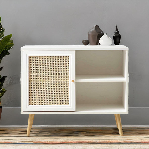 Modern White Solid Wood 1- Door Rattan Cabinet