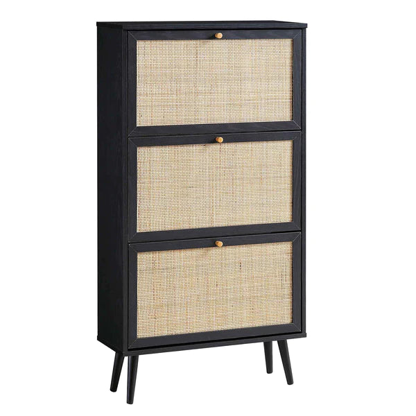 Solid Wood Shoe Storage Cabinet Black Finish 3- Tier