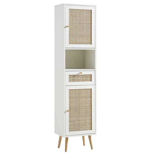 Solid Wood Rattan White Finish Tallboy Bathroom Cabinet