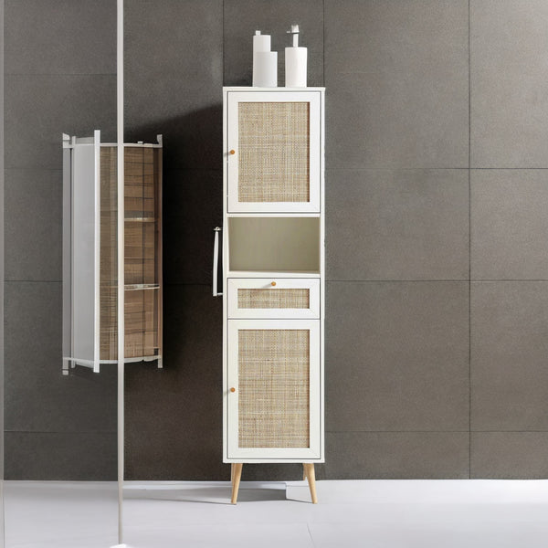 Solid Wood Rattan White Finish Tallboy Bathroom Cabinet