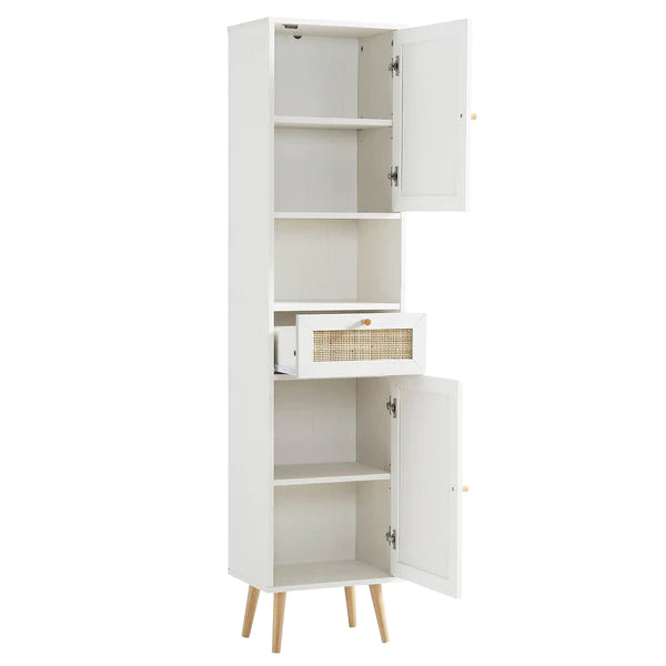 Solid Wood Rattan White Finish Tallboy Bathroom Cabinet