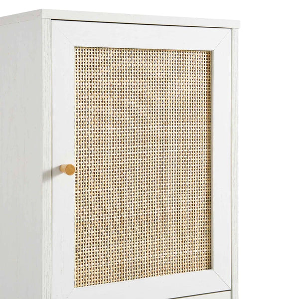 Solid Wood Rattan White Finish Tallboy Bathroom Cabinet