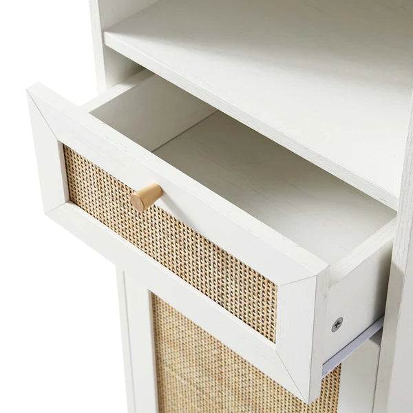 Solid Wood Rattan White Finish Tallboy Bathroom Cabinet