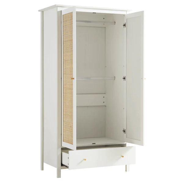 Solid Wood Rattan White Finish 2 Door Wardrobe