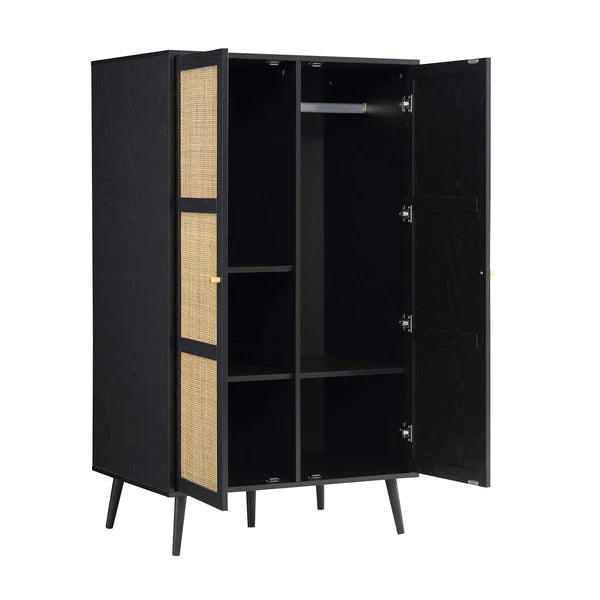 Classic Solid Wood Rattan Black Finish Compact 2 Door Wardrobe