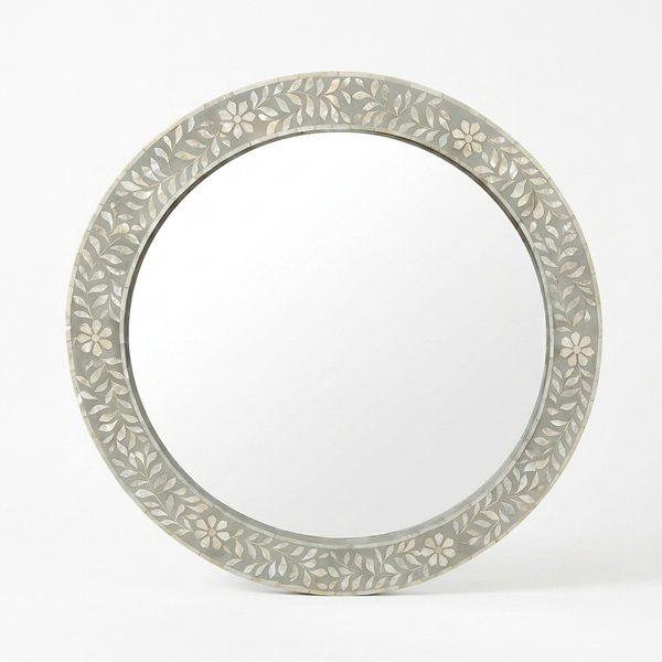 Round Floral Grey Vanity Bone inlay Wall Mirror