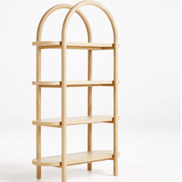 Wooden bookshelf with arch top on a white background