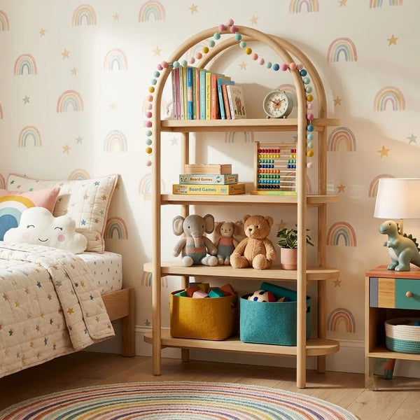 Children's room with a wooden bookshelf, toys, and colorful decor.