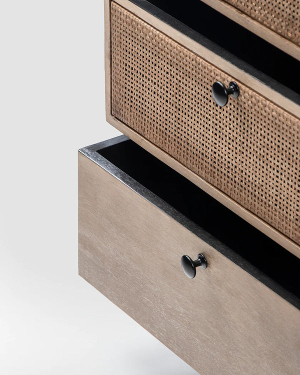 Modern Rattan Mango Solid Wood Iron Base Chest Of 5 Drawers