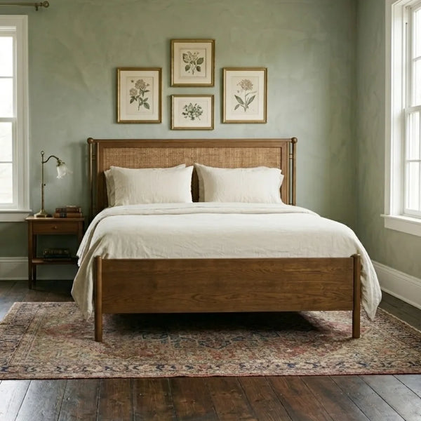 Iquique Oak Wood Rattan Bed- All Sizes