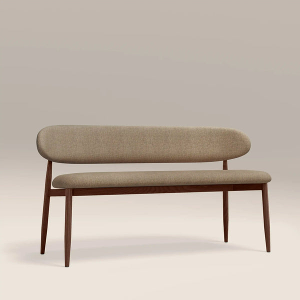 Beige bench with wooden legs on a plain background